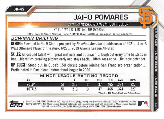 2021 Bowman Draft Jairo Pomares BD-45 San Francisco Giants