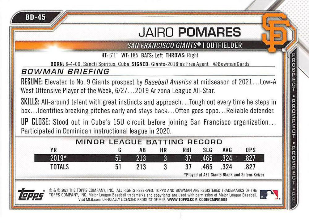 2021 Bowman Draft Jairo Pomares BD-45 San Francisco Giants