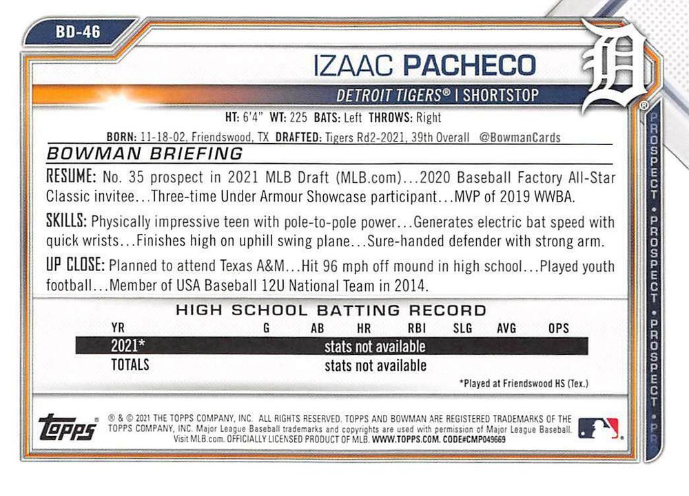 2021 Bowman Draft Izaac Pacheco FBC 1st Bowman BD-46 Detroit Tigers