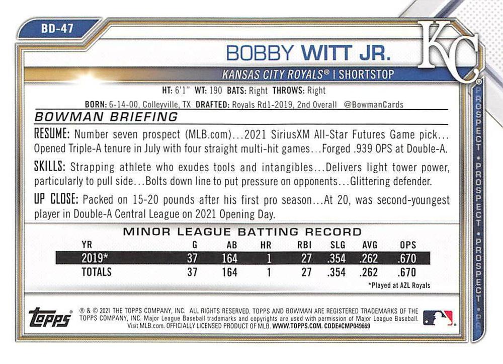 2021 Bowman Draft Bobby Witt Jr. BD-47 Kansas City Royals