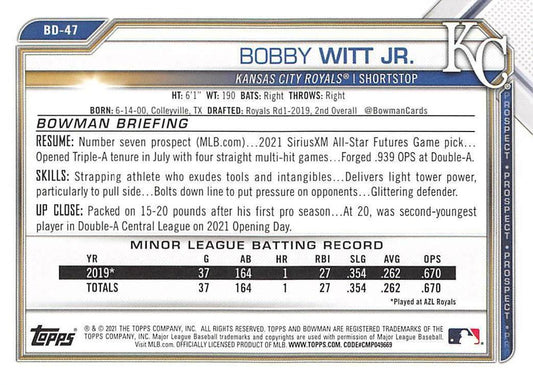 2021 Bowman Draft Bobby Witt Jr. BD-47 Kansas City Royals