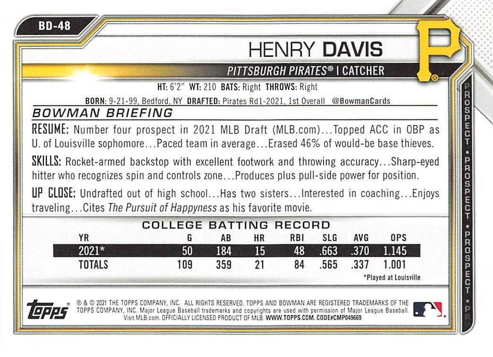 2021 Bowman Draft Henry Davis FBC 1st Bowman BD-48 Pittsburgh Pirates