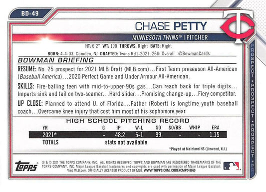 2021 Bowman Draft Chase Petty FBC 1st Bowman BD-49 Minnesota Twins