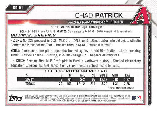 2021 Bowman Draft Chad Patrick FBC 1st Bowman BD-51 Arizona Diamondbacks