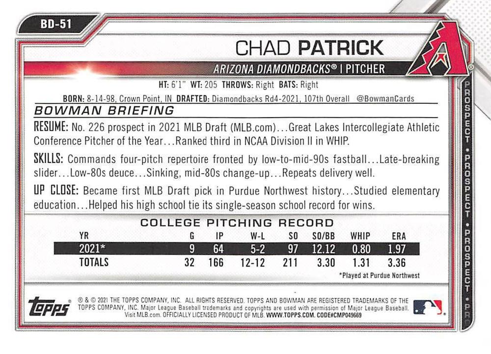 2021 Bowman Draft Chad Patrick FBC 1st Bowman BD-51 Arizona Diamondbacks