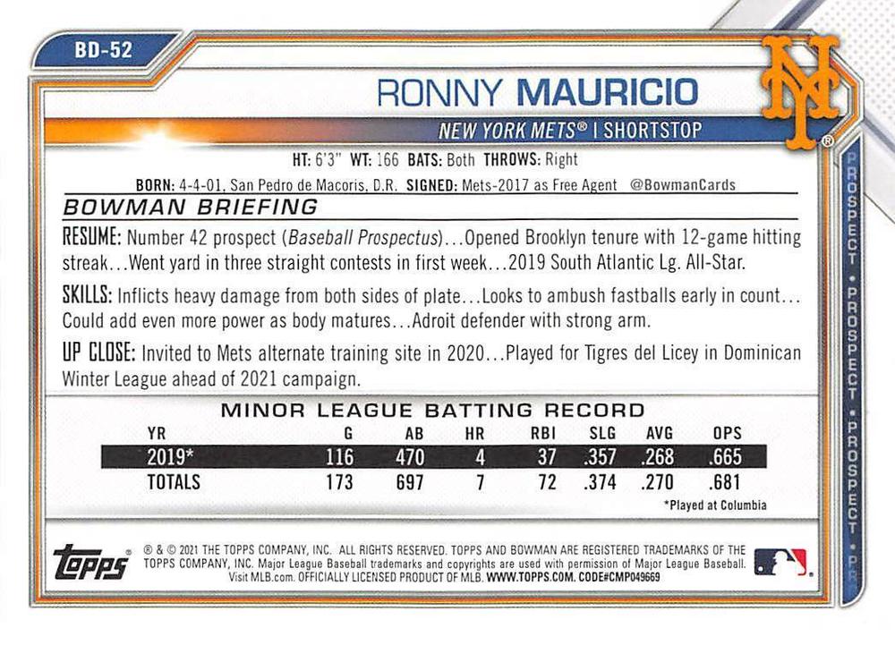 2021 Bowman Draft Ronny Mauricio BD-52 New York Mets