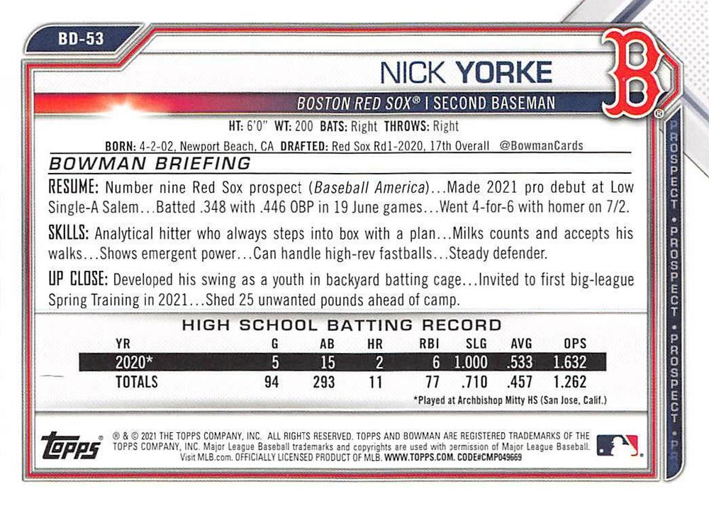 2021 Bowman Draft Nick Yorke BD-53 Boston Red Sox