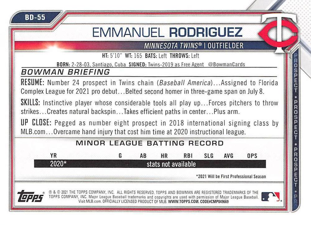 2021 Bowman Draft Emmanuel Rodriguez BD-55 Minnesota Twins