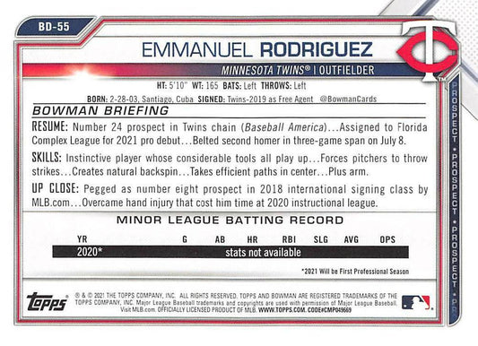 2021 Bowman Draft Emmanuel Rodriguez BD-55 Minnesota Twins