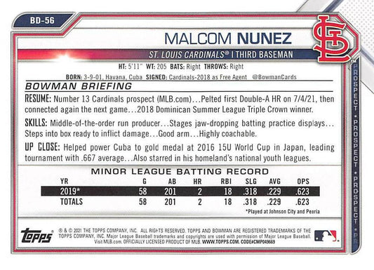 2021 Bowman Draft Malcom Nunez BD-56 St. Louis Cardinals