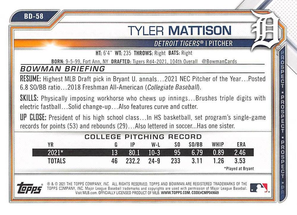2021 Bowman Draft Tyler Mattison FBC 1st Bowman BD-58 Detroit Tigers