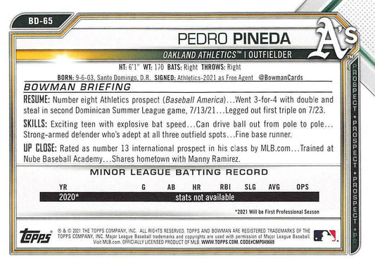 2021 Bowman Draft Pedro Pineda BD-65 Oakland Athletics
