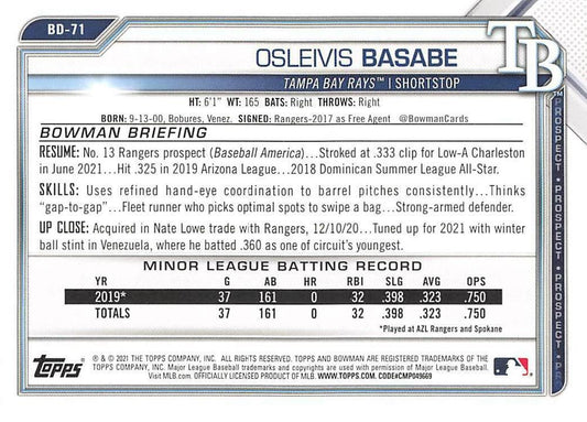2021 Bowman Draft Osleivis Basabe BD-71 Tampa Bay Rays