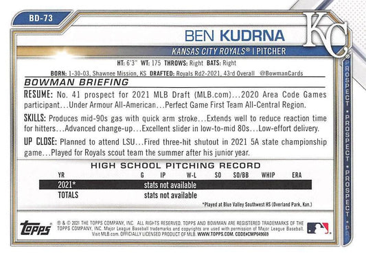 2021 Bowman Draft Ben Kudrna FBC 1st Bowman BD-73 Kansas City Royals