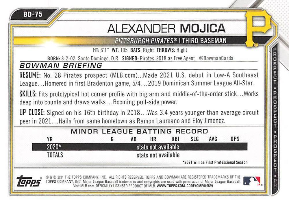 2021 Bowman Draft Alexander Mojica BD-75 Pittsburgh Pirates