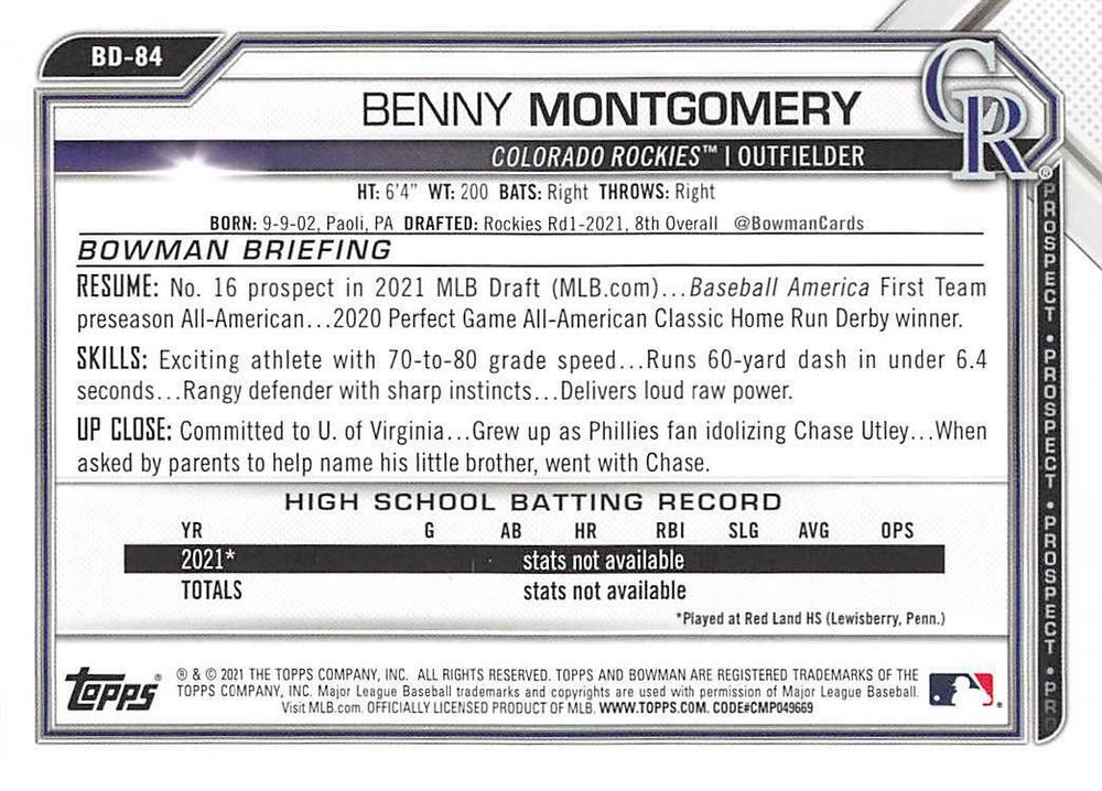 2021 Bowman Draft Benny Montgomery FBC 1st Bowman BD-84 Colorado Rockies