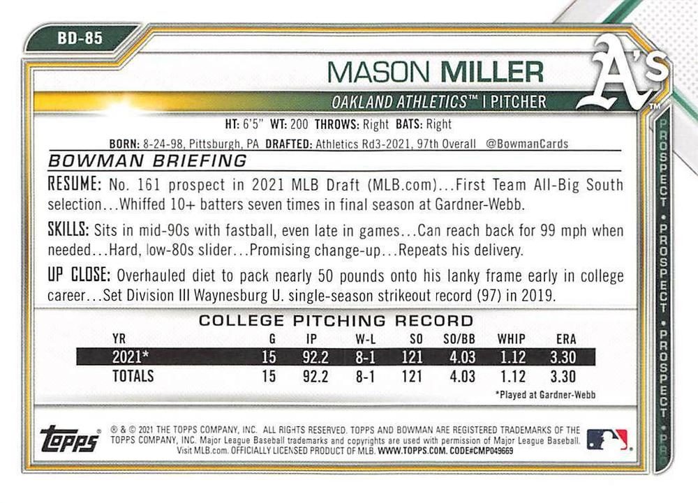 2021 Bowman Draft Mason Miller FBC 1st Bowman BD-85 Oakland Athletics