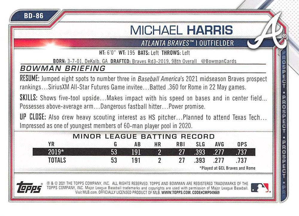 2021 Bowman Draft Michael Harris BD-86 Atlanta Braves