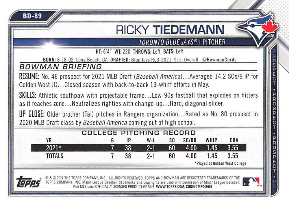 2021 Bowman Draft Ricky Tiedemann FBC 1st Bowman BD-89 Toronto Blue Jays