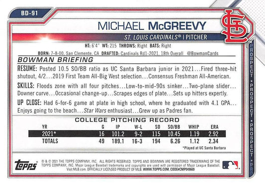 2021 Bowman Draft Michael McGreevy FBC 1st Bowman BD-91 St. Louis Cardinals