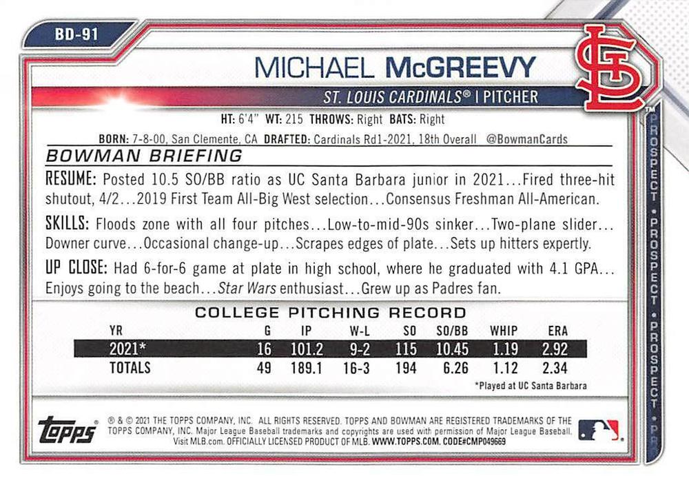 2021 Bowman Draft Michael McGreevy FBC 1st Bowman BD-91 St. Louis Cardinals