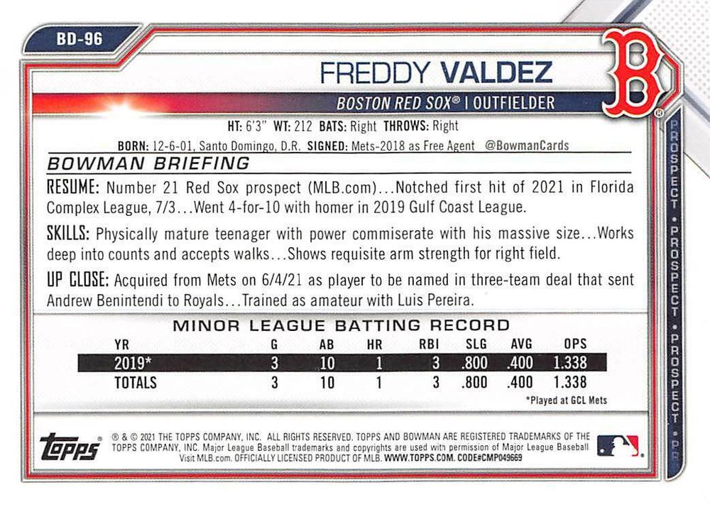 2021 Bowman Draft Freddy Valdez BD-96 Boston Red Sox