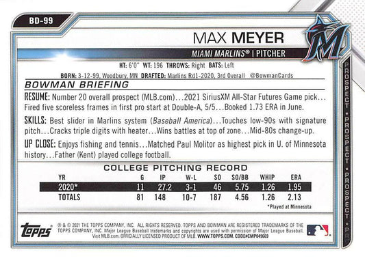 2021 Bowman Draft Max Meyer BD-99 Miami Marlins