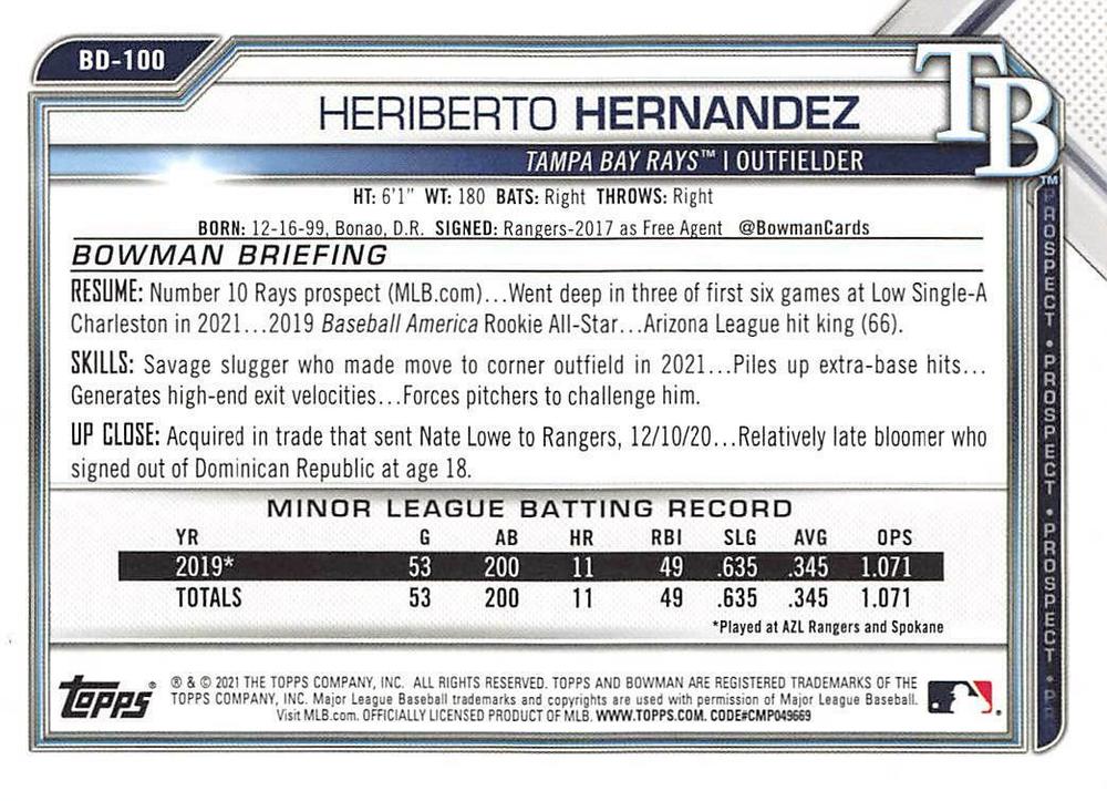 2021 Bowman Draft Heriberto Hernandez BD-100 Tampa Bay Rays