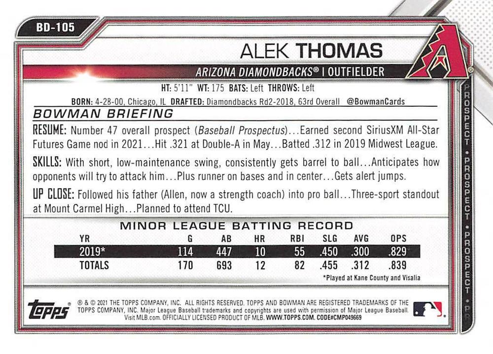 2021 Bowman Draft Alek Thomas BD-105 Arizona Diamondbacks