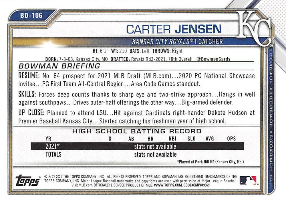 2021 Bowman Draft Carter Jensen FBC 1st Bowman BD-106 Kansas City Royals