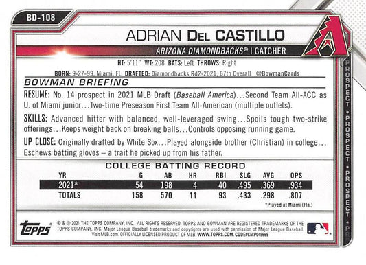 2021 Bowman Draft Adrian Del Castillo FBC 1st Bowman BD-108 Arizona Diamondbacks
