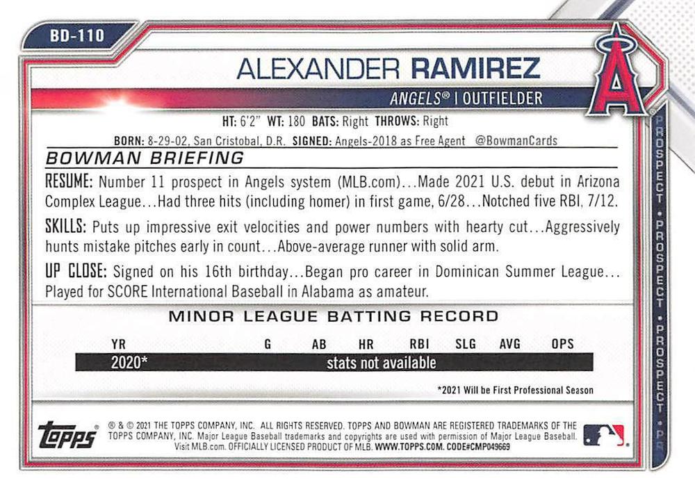 2021 Bowman Draft Alexander Ramirez BD-110 Los Angeles Angels