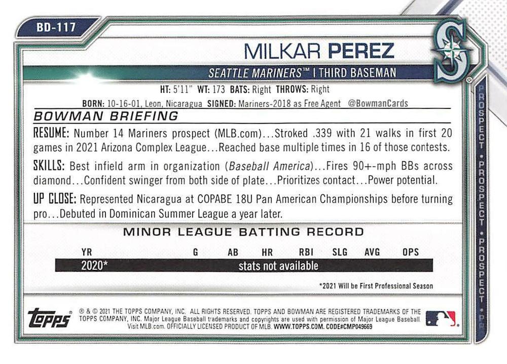 2021 Bowman Draft Milkar Perez BD-117 Seattle Mariners