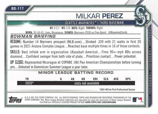 2021 Bowman Draft Milkar Perez BD-117 Seattle Mariners