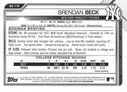 2021 Bowman Draft Brendan Beck FBC 1st Bowman BD-118 New York Yankees