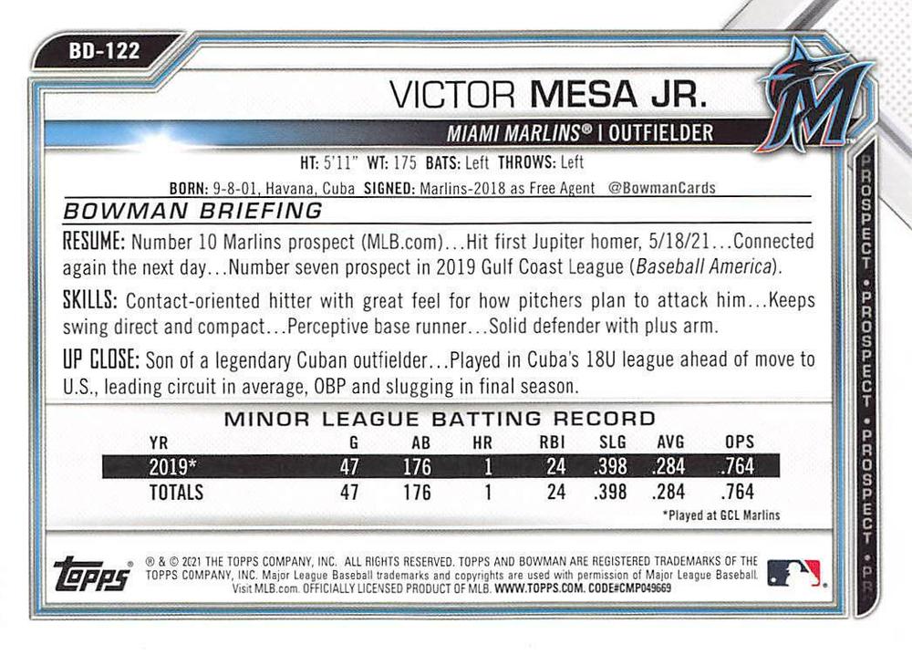 2021 Bowman Draft Victor Mesa Jr. BD-122 Miami Marlins