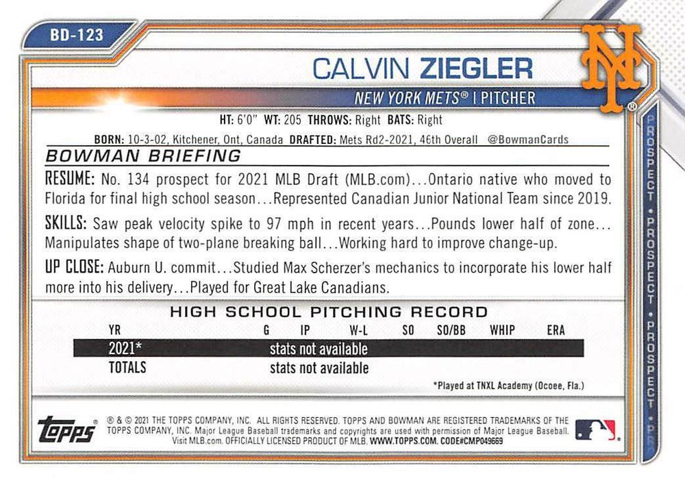 2021 Bowman Draft Calvin Ziegler FBC 1st Bowman BD-123 New York Mets