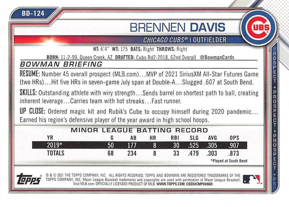 2021 Bowman Draft Brennen Davis BD-124 Chicago Cubs