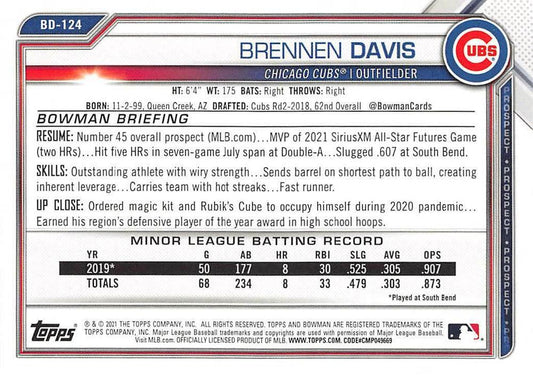 2021 Bowman Draft Brennen Davis BD-124 Chicago Cubs