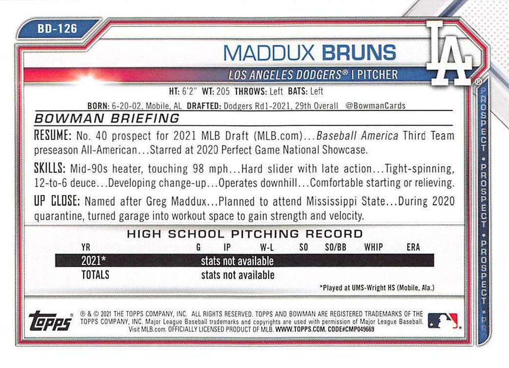 2021 Bowman Draft Maddux Bruns FBC 1st Bowman BD-126 Los Angeles Dodgers
