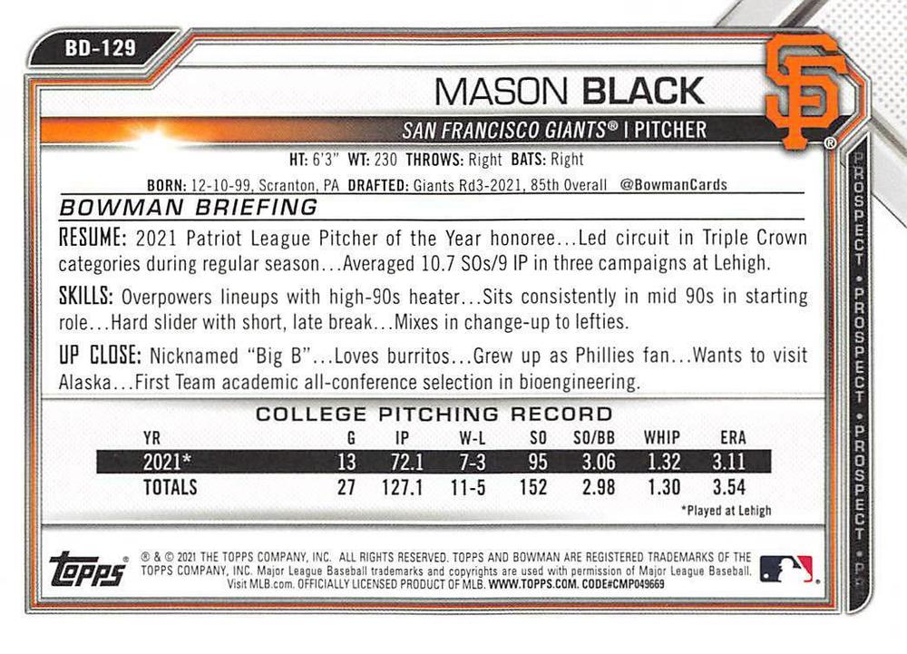 2021 Bowman Draft Mason Black BD-129 San Francisco Giants