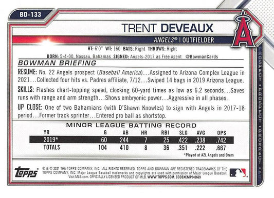 2021 Bowman Draft Trent Deveaux BD-133 Los Angeles Angels