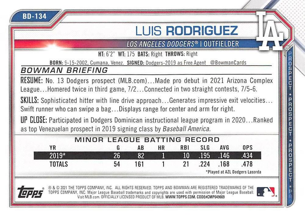 2021 Bowman Draft Luis Rodriguez BD-134 Los Angeles Dodgers