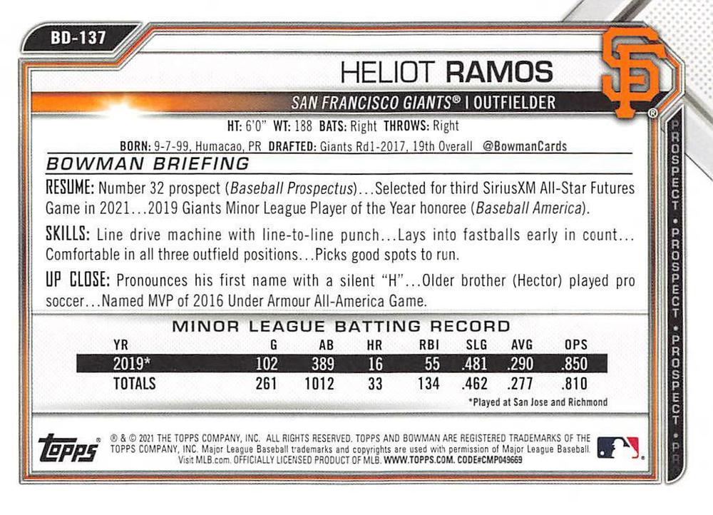 2021 Bowman Draft Heliot Ramos BD-137 San Francisco Giants