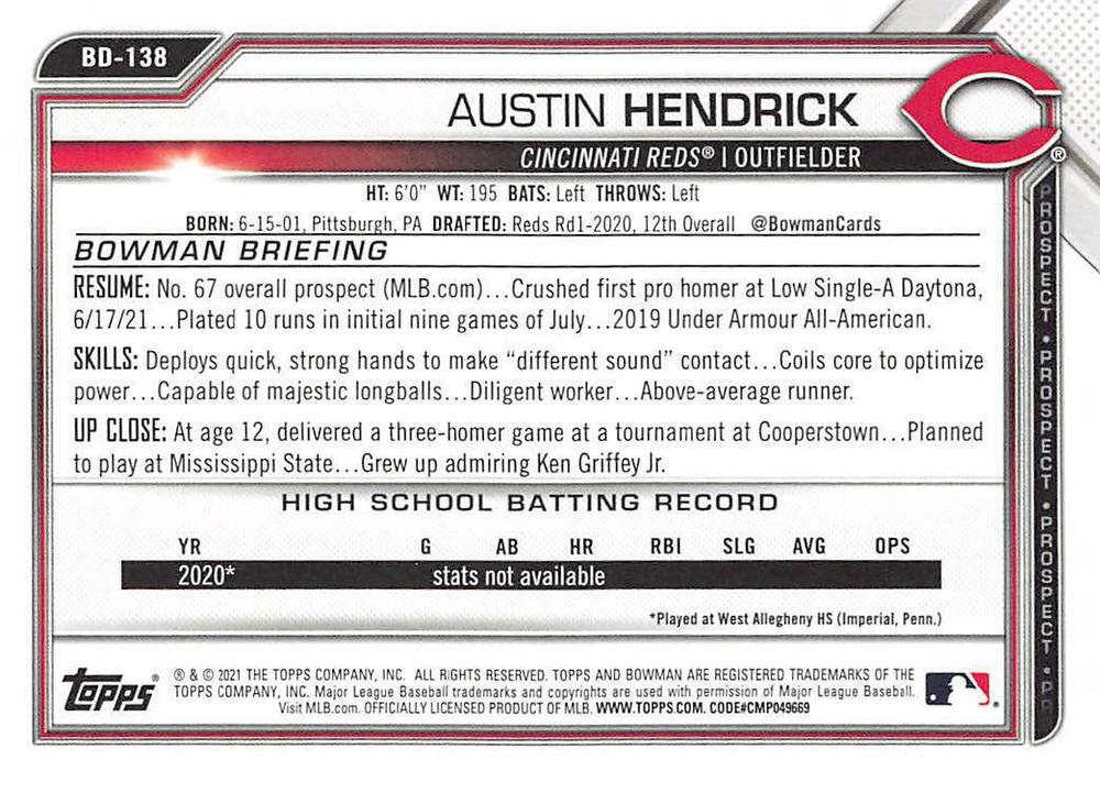 2021 Bowman Draft Austin Hendrick BD-138 Cincinnati Reds