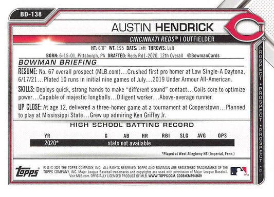 2021 Bowman Draft Austin Hendrick BD-138 Cincinnati Reds