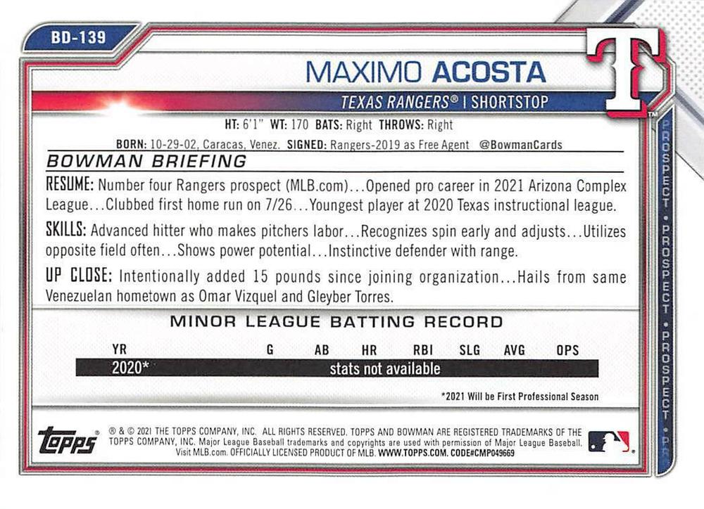 2021 Bowman Draft Maximo Acosta BD-139 Texas Rangers