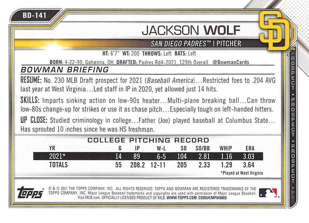 2021 Bowman Draft Jackson Wolf FBC 1st Bowman BD-141 San Diego Padres