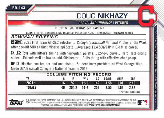 2021 Bowman Draft Doug Nikhazy FBC 1st Bowman BD-143 Cleveland Indians