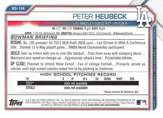 2021 Bowman Draft Peter Heubeck FBC 1st Bowman BD-146 Los Angeles Dodgers